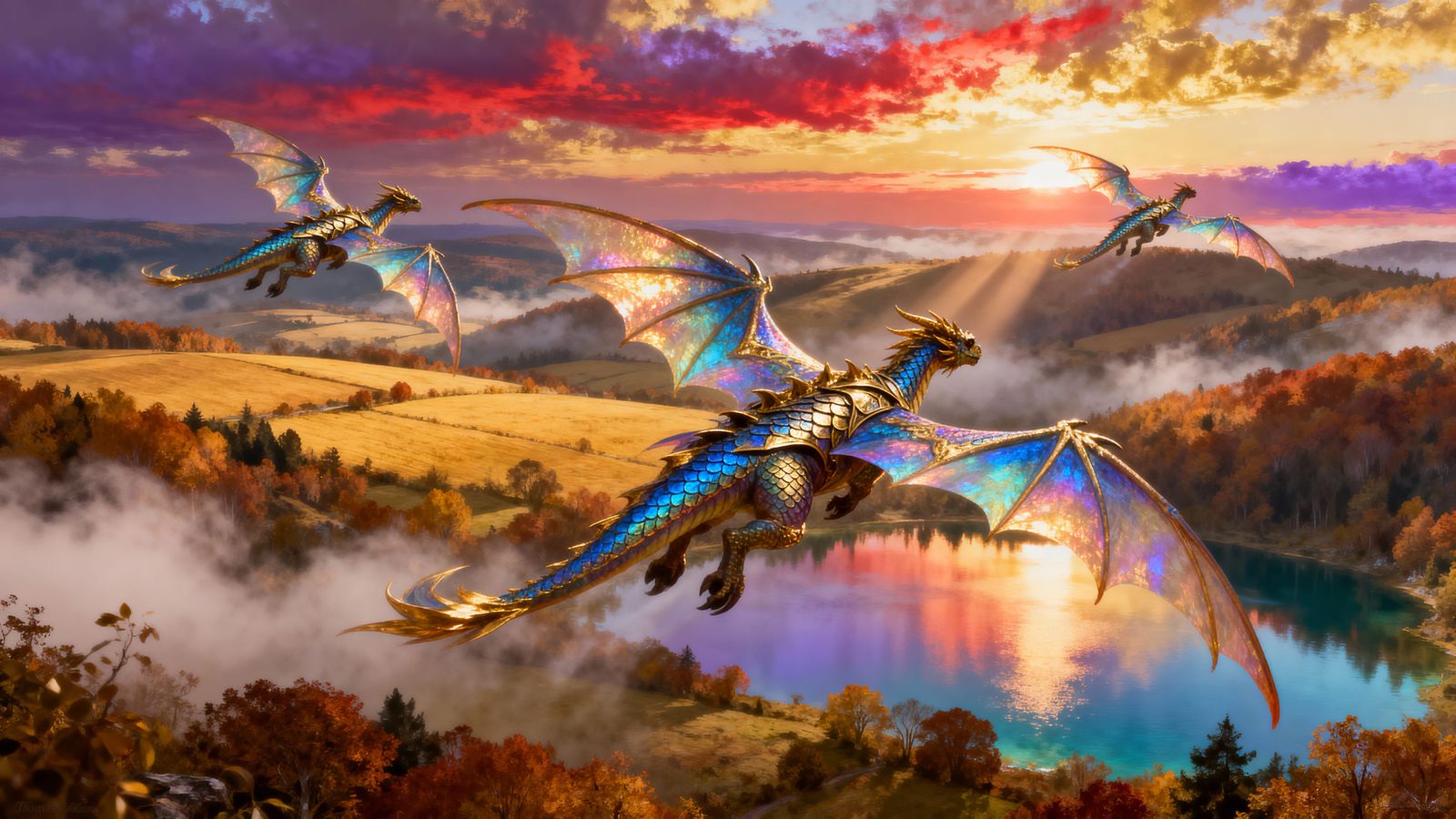 Ethereal Autumn Landscape with Dragons and Lakes