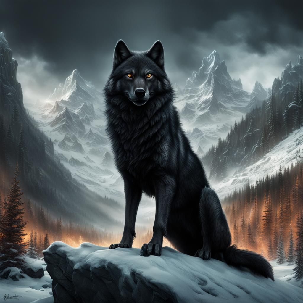 Crystalline Black Wolf: Epic Digital Matte Painting