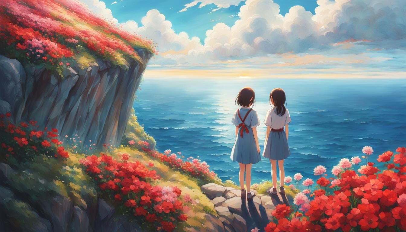 Anime Girls Overlook Ocean in Pastel Watercolor Style