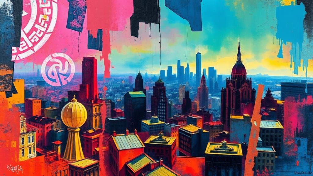 Abstract Cityscape in Fluorescent Impasto Style