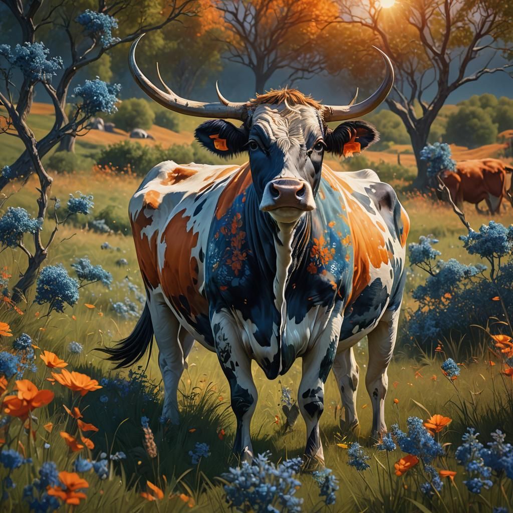Majestic Cow in Meadow, Digital Matte Painting