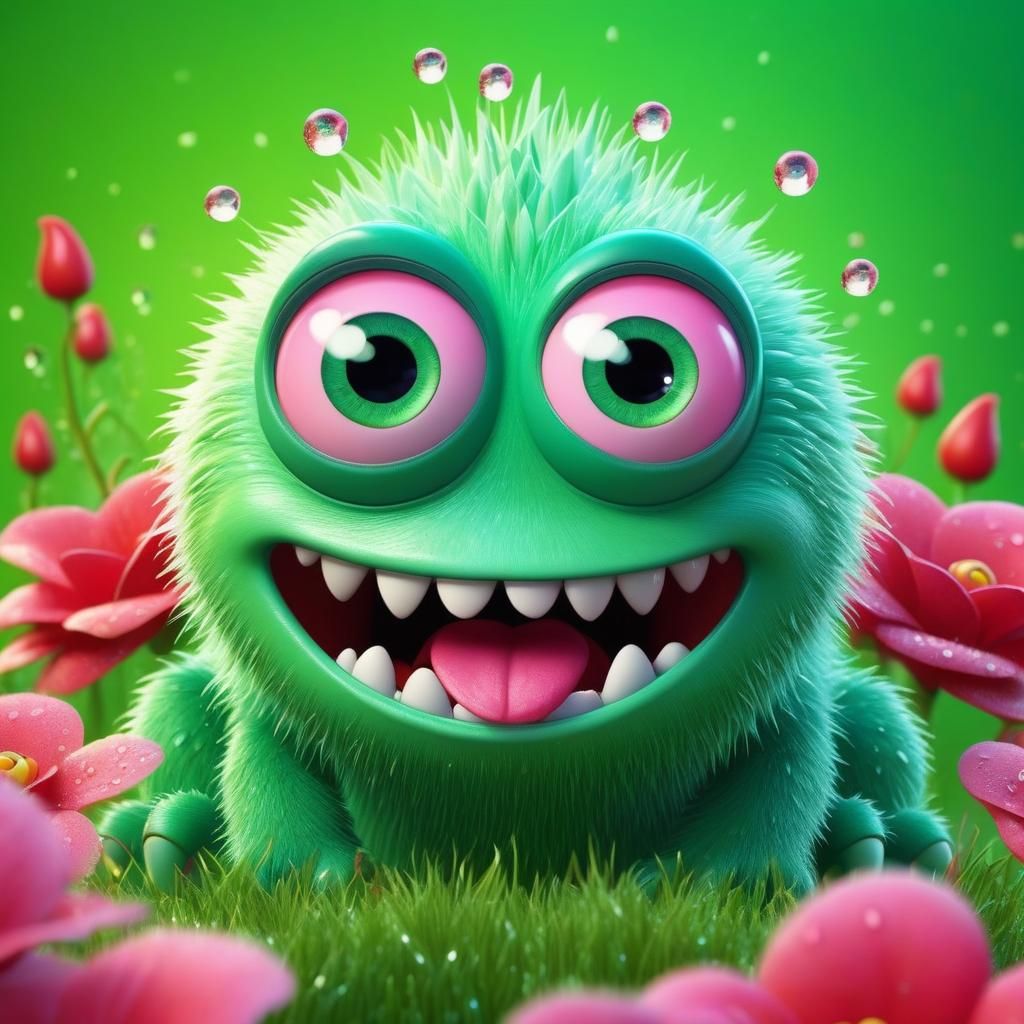 Cute Rose Monster with Dew Drops, Pixar Style