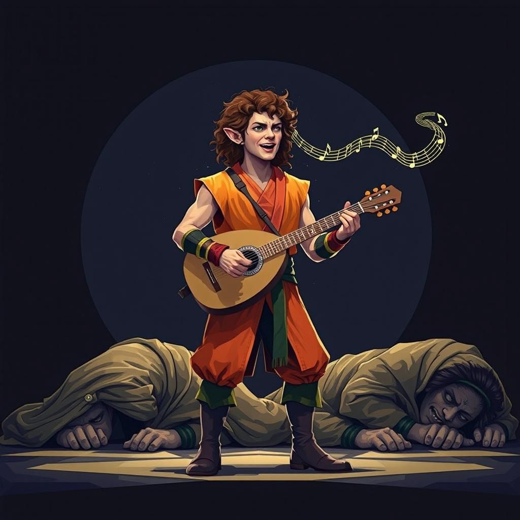 Halfling Bard's Lullaby: A Colorful Vector Art Scene