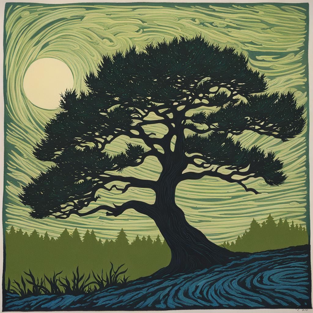 Juniper Tree in Moonlight: Lithograph Style Skyscape