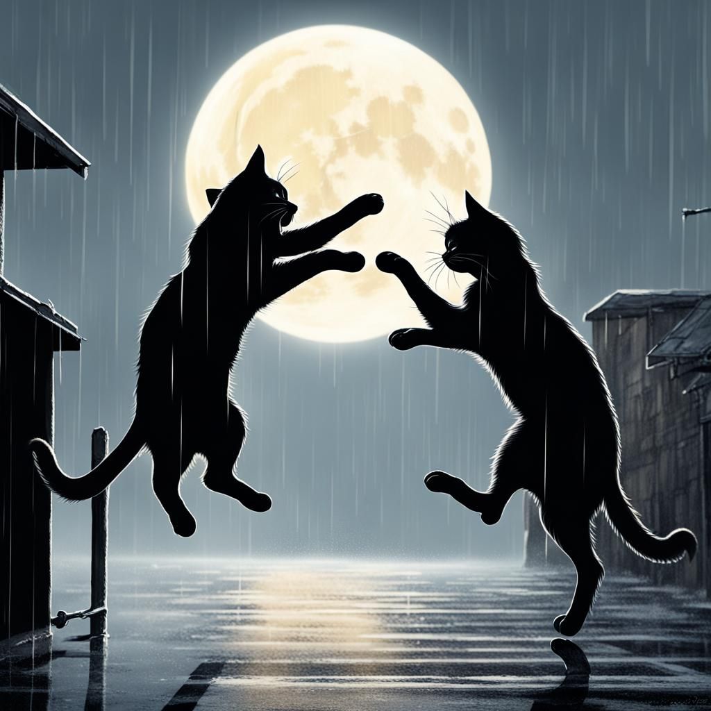 Hyperrealistic Cats Duel Under the Moon