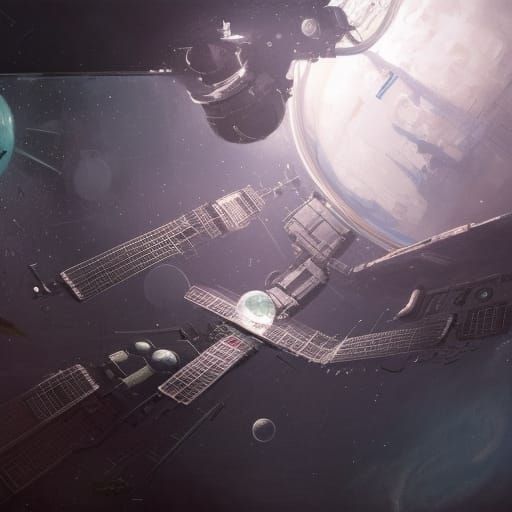 Space Station Orbiting Earth: Detailed Digital Painting