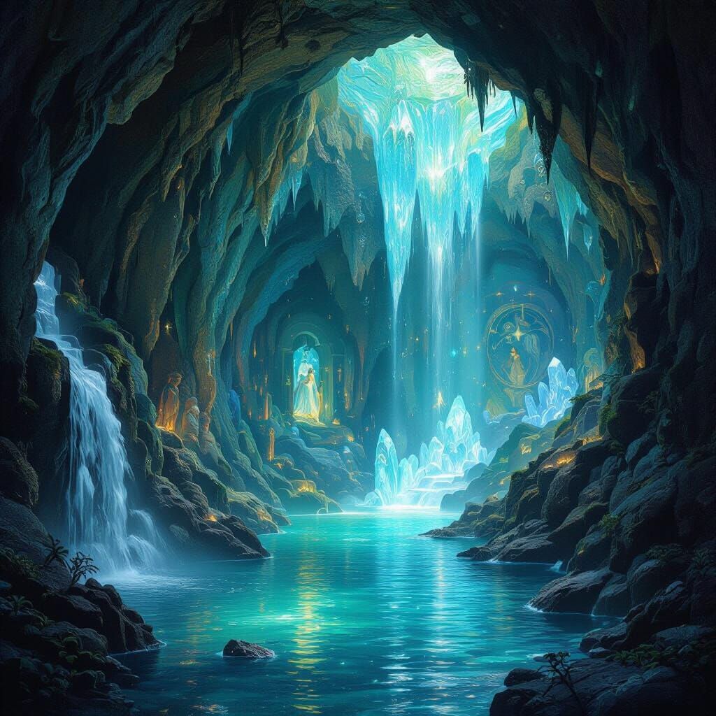 Bioluminescent Grotto with Celestial Murals in Hyper-Fantasy...