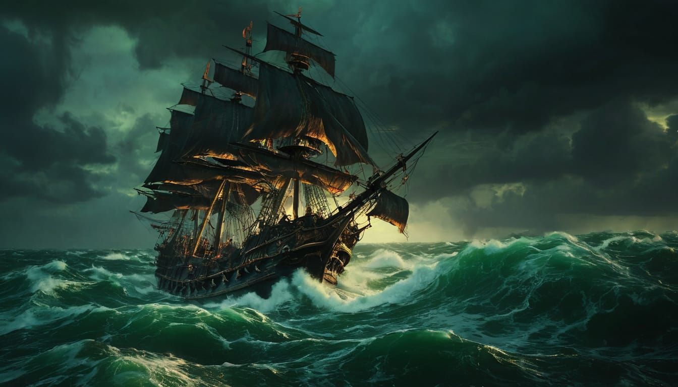 Baroque Pirate Ship on Stormy Seas at Sunset