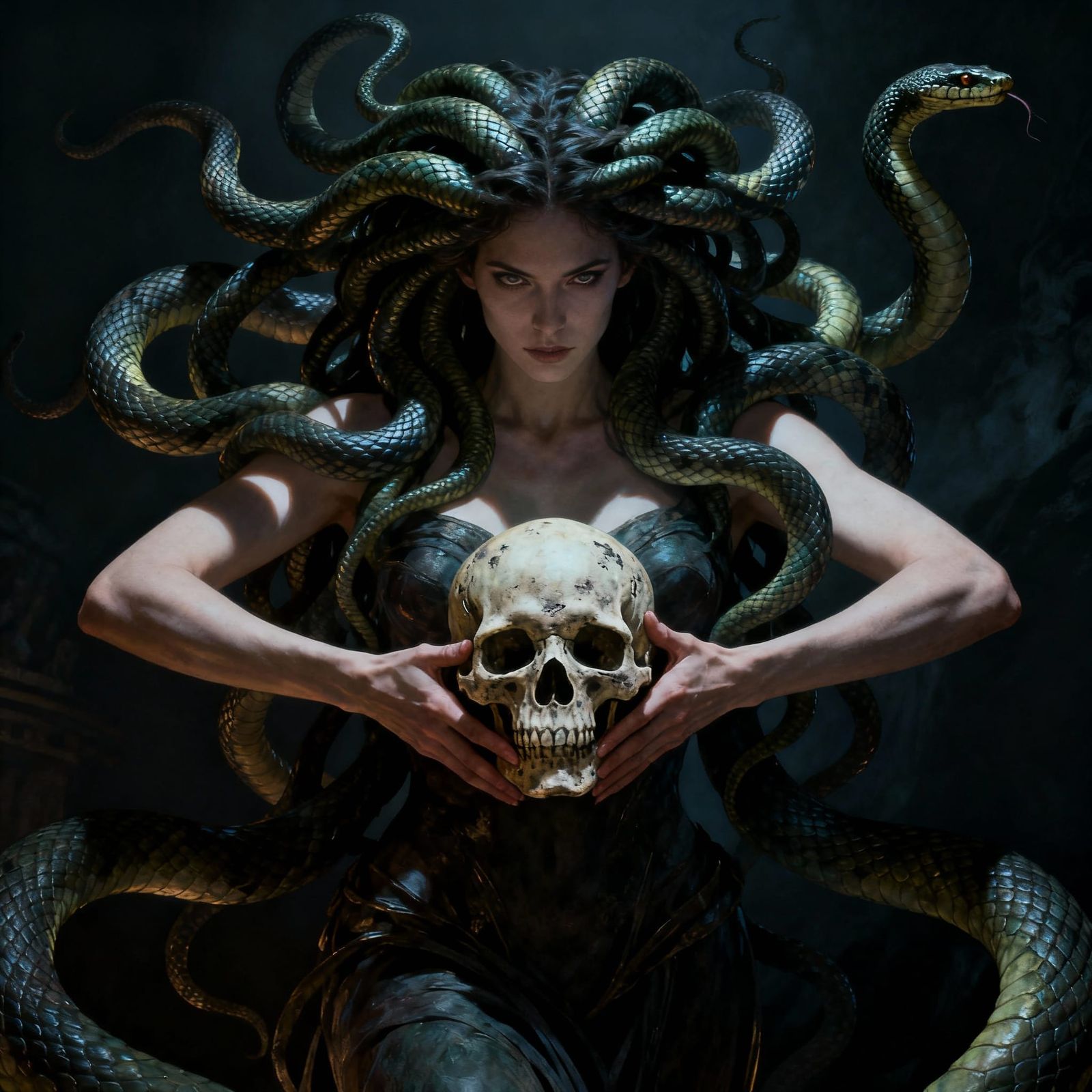 Medusa With Serpentine Hair Holding Skull in Dynamic Pose