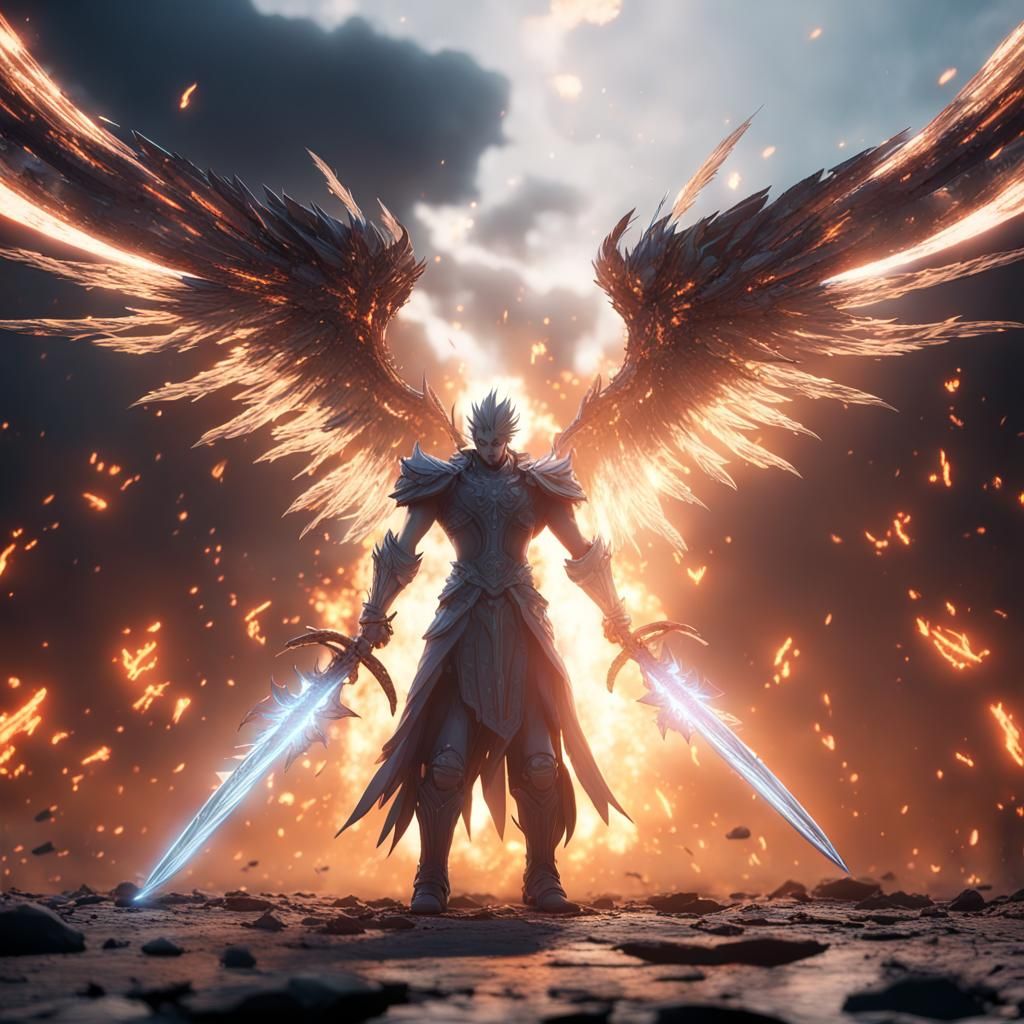 Epic Angel Warrior Shatters Sky in 3D Game Art