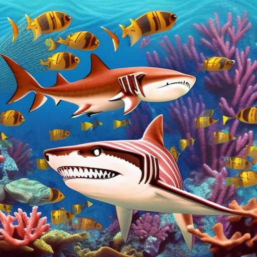 Striped Shark in Coral Reef, Naturalist Painting