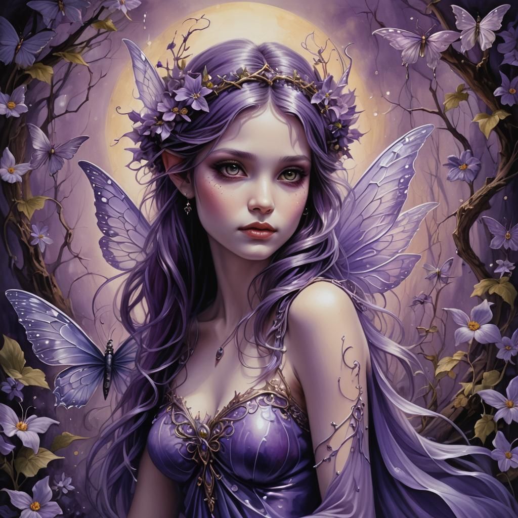 Celestial Fairy in Purple Hues: Oil Painting
