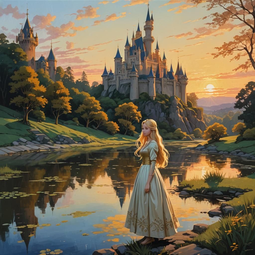 Princess Beside Castle in Acrylic Painting