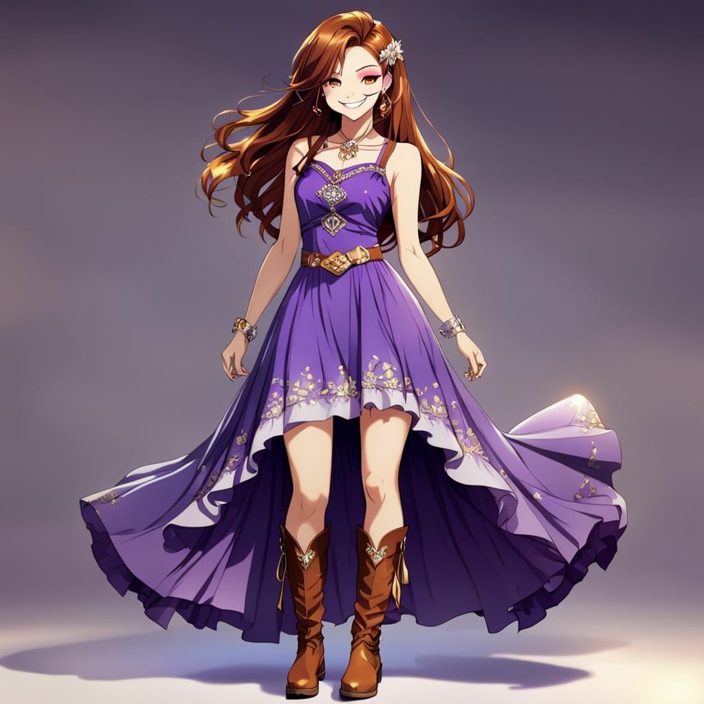 Anime Girl with Flowy Purple Dress and Silver Eyes