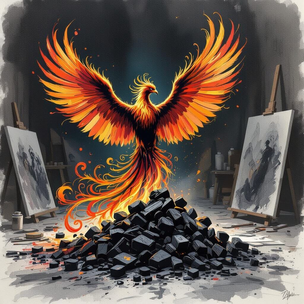 Majestic Ink Phoenix Rises from Charcoal Sketches