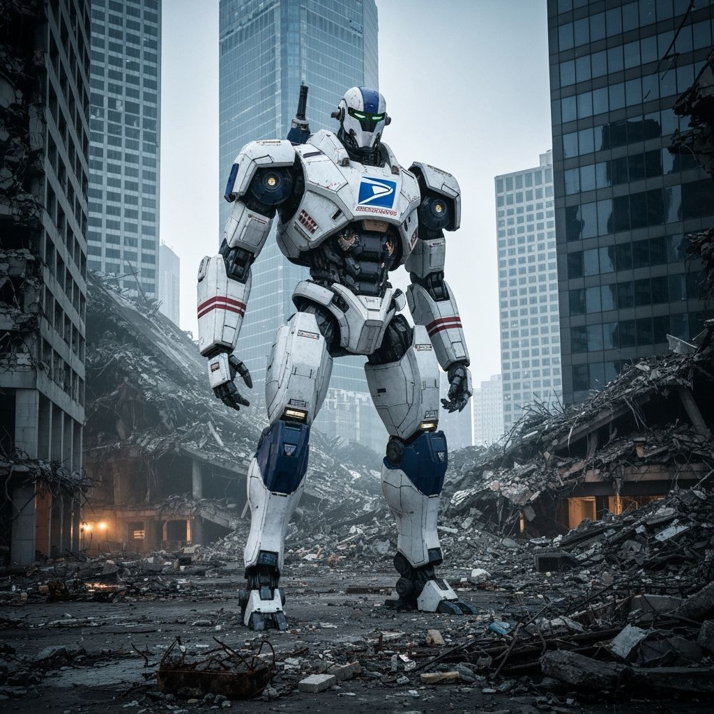 USPS-Inspired Jaeger Robot in Battle-Wrecked Cityscape
