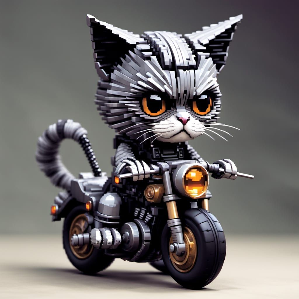 Grumpy Kitten Rides Motorcycle in 8-Bit Style