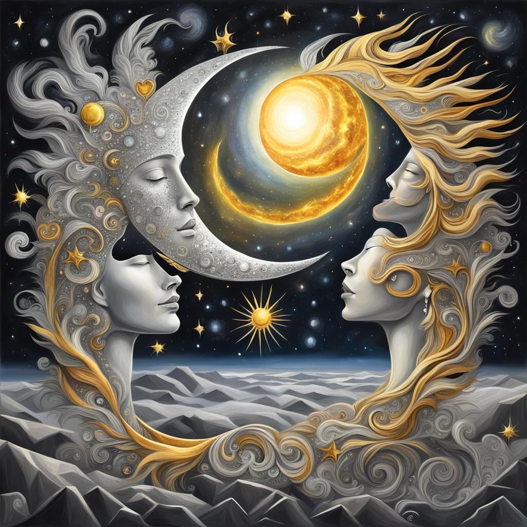 Surreal Moon and Sun Embrace in the Universe