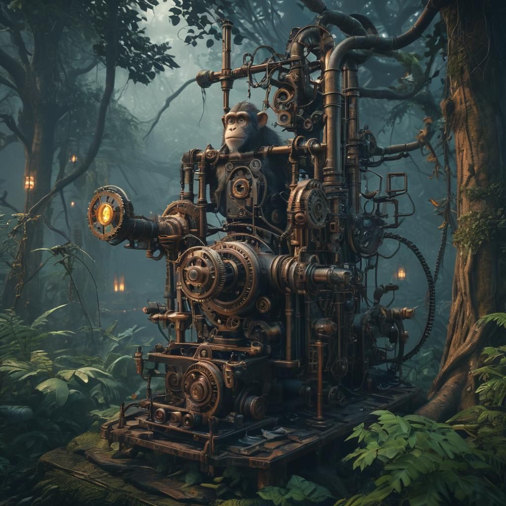 Monkey Mechanic in Steampunk Jungle, Digital Art