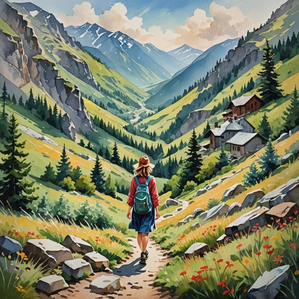 Impressionist Girl Walking in Mountains: Gouache Style