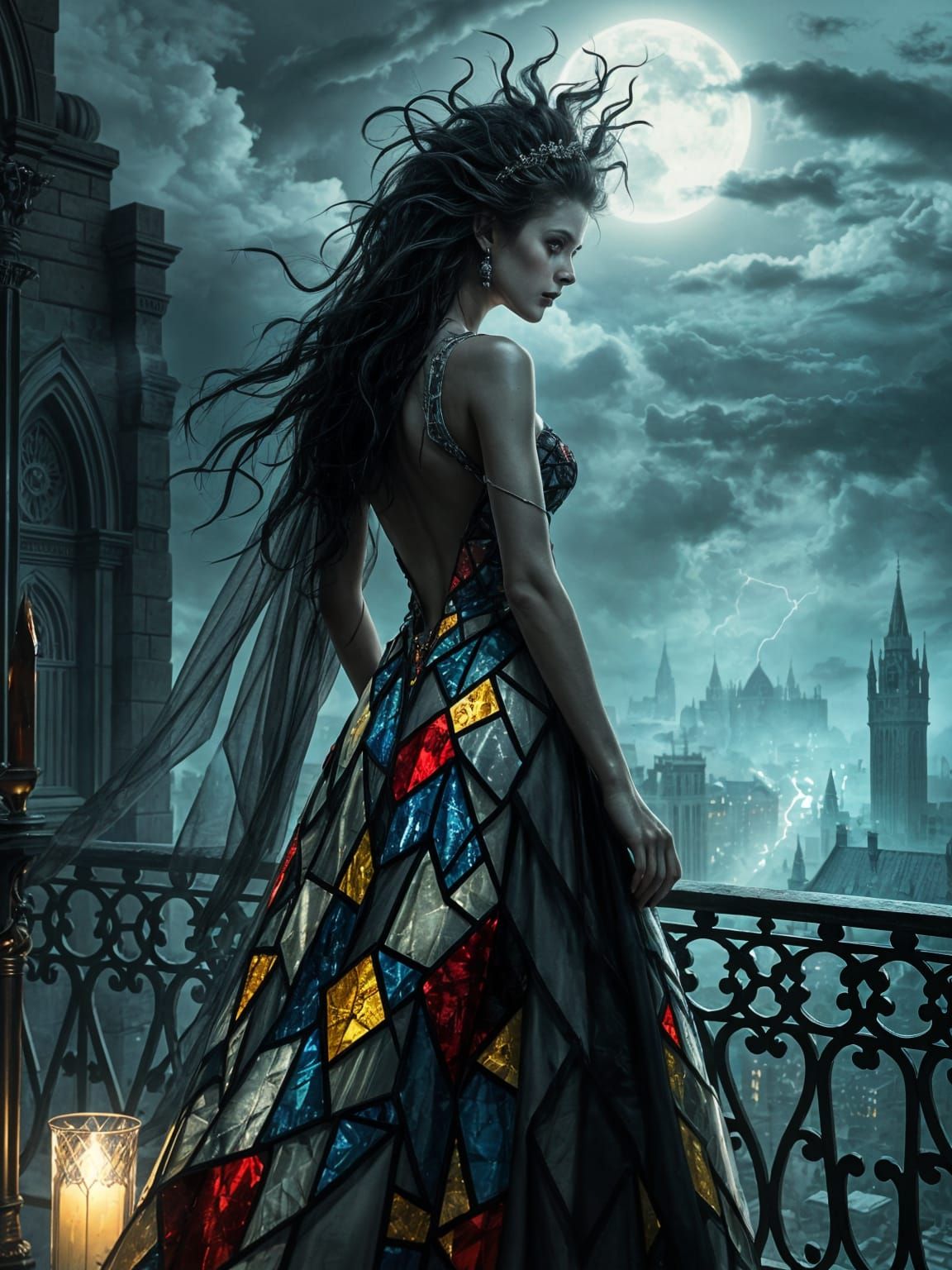 Bride of Frankenstein in Shattered Stained Glass Gown