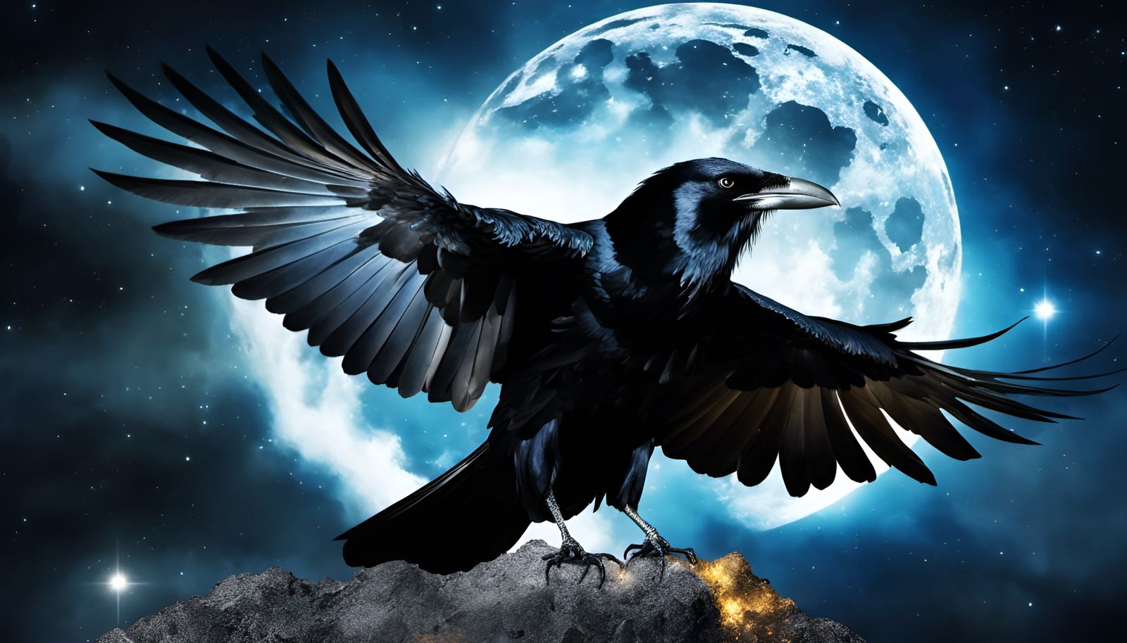 Majestic Raven King over Moon with Shattered Mirror