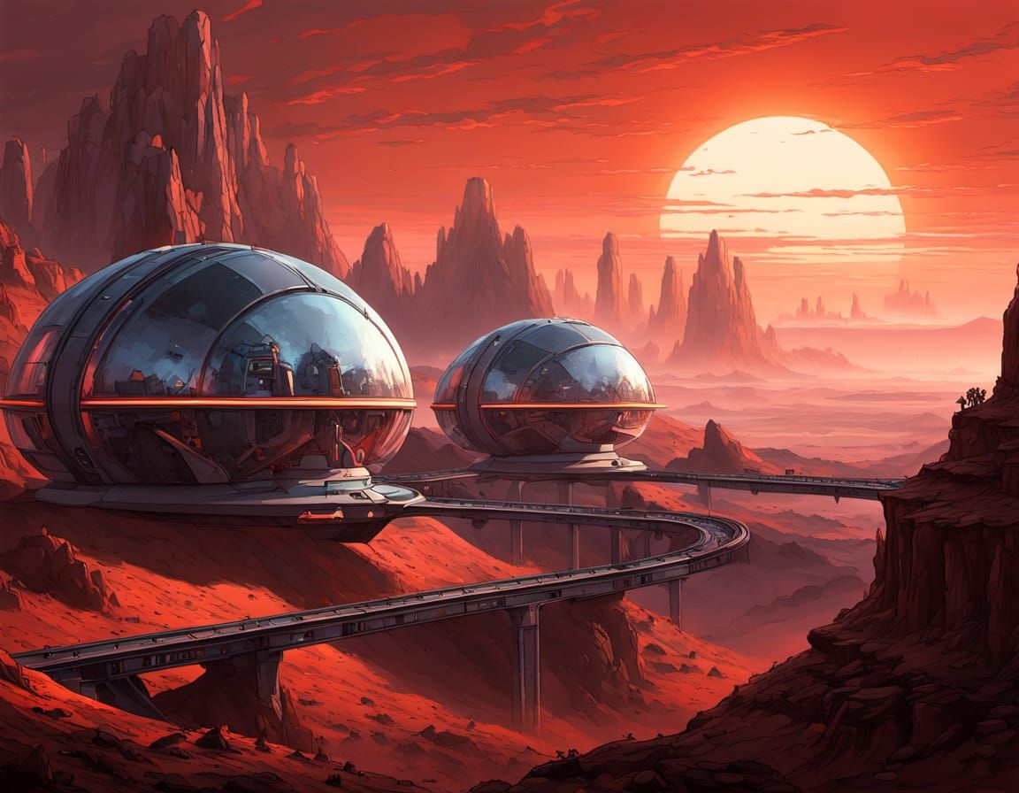 Martian Landscape Concept Art with Biodomes and Monorails