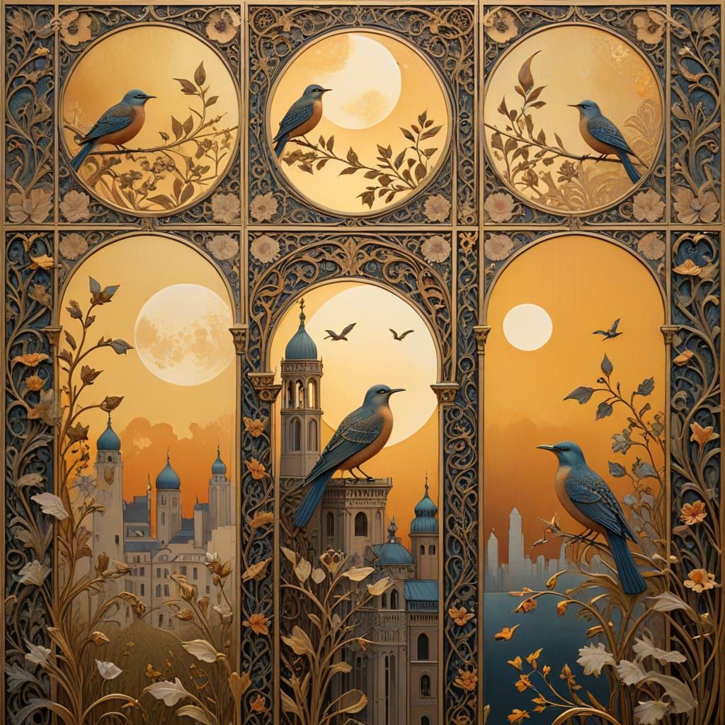 Art Nouveau Cityscape with Golden Light