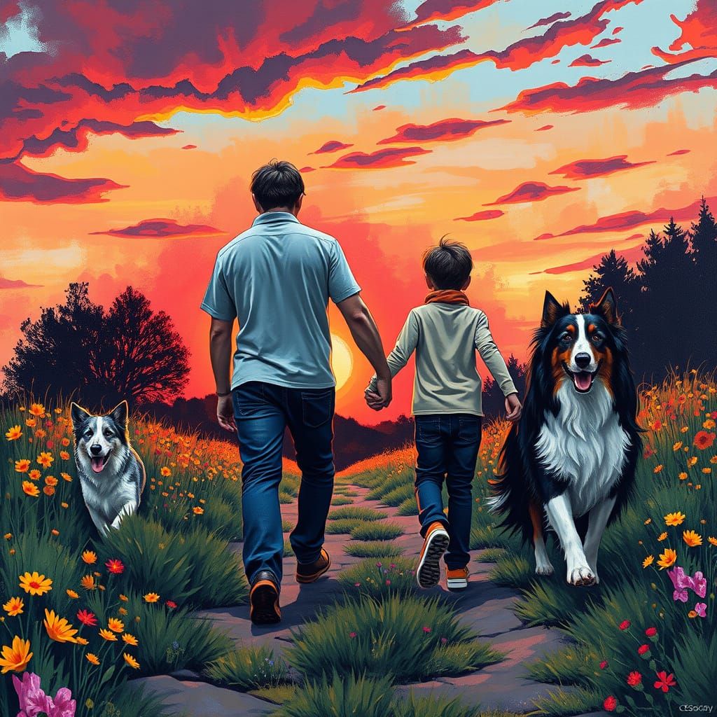Father and Sons Walk Path with Wildflowers and Sunset