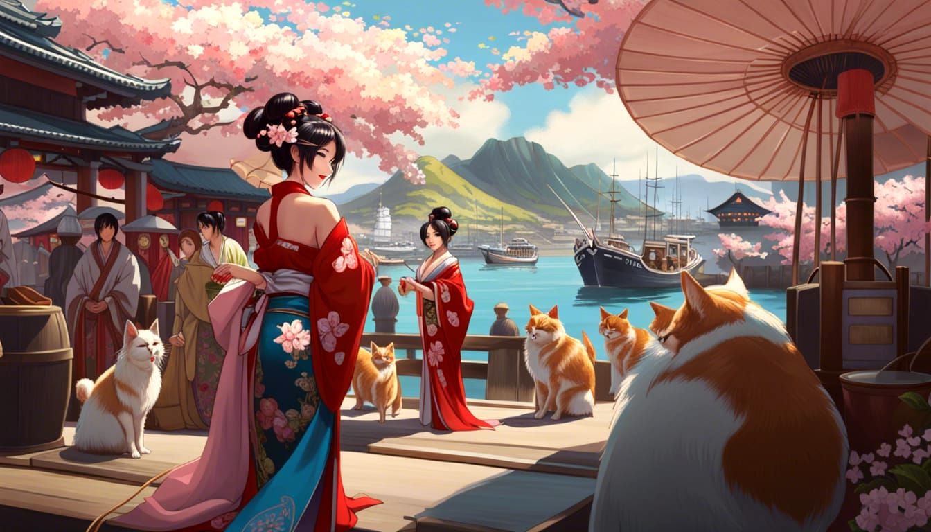 Cats from Japan's famous Aoshima Island (Cat Island) with geisha girls