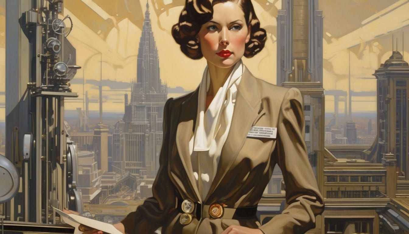 Formal Female Scientist Stands Before Art Deco Cityscape