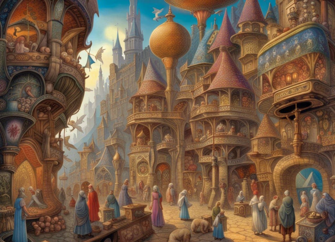 Medieval Marketplace with Ladies Shopping in Gothic Style