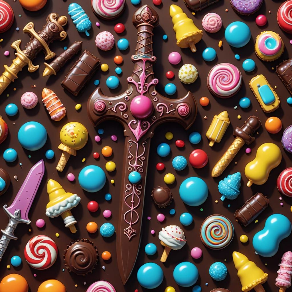 Surreal Chocolate Candy Sword in Hyperrealistic Digital Art