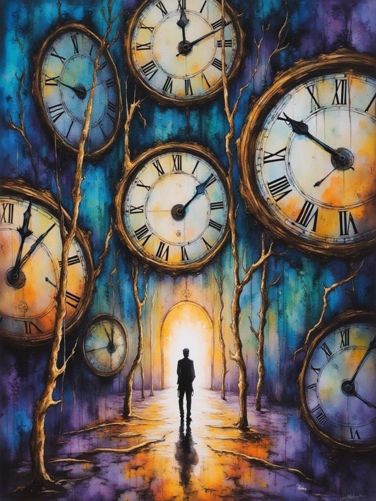 A man walks beneath numerous large, aged clocks hanging prec...