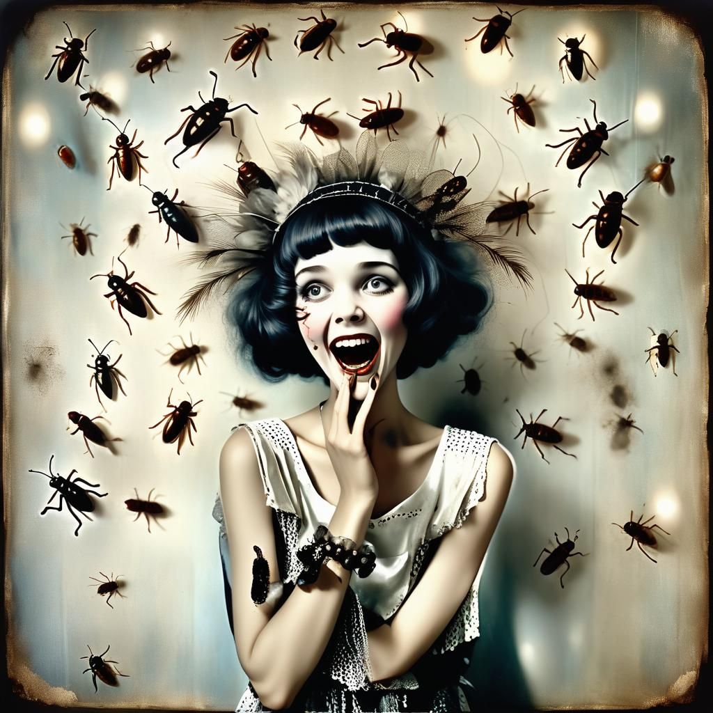 Flapper Laughing at Cockroaches in Vintage Photograph