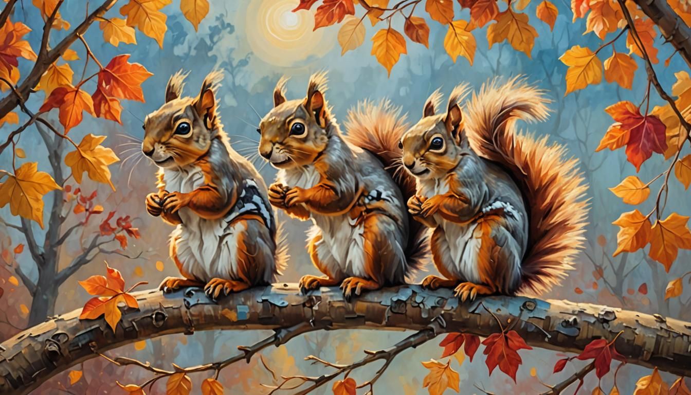 Squirrels Sharing Acorn as Impressionist Oil Painting