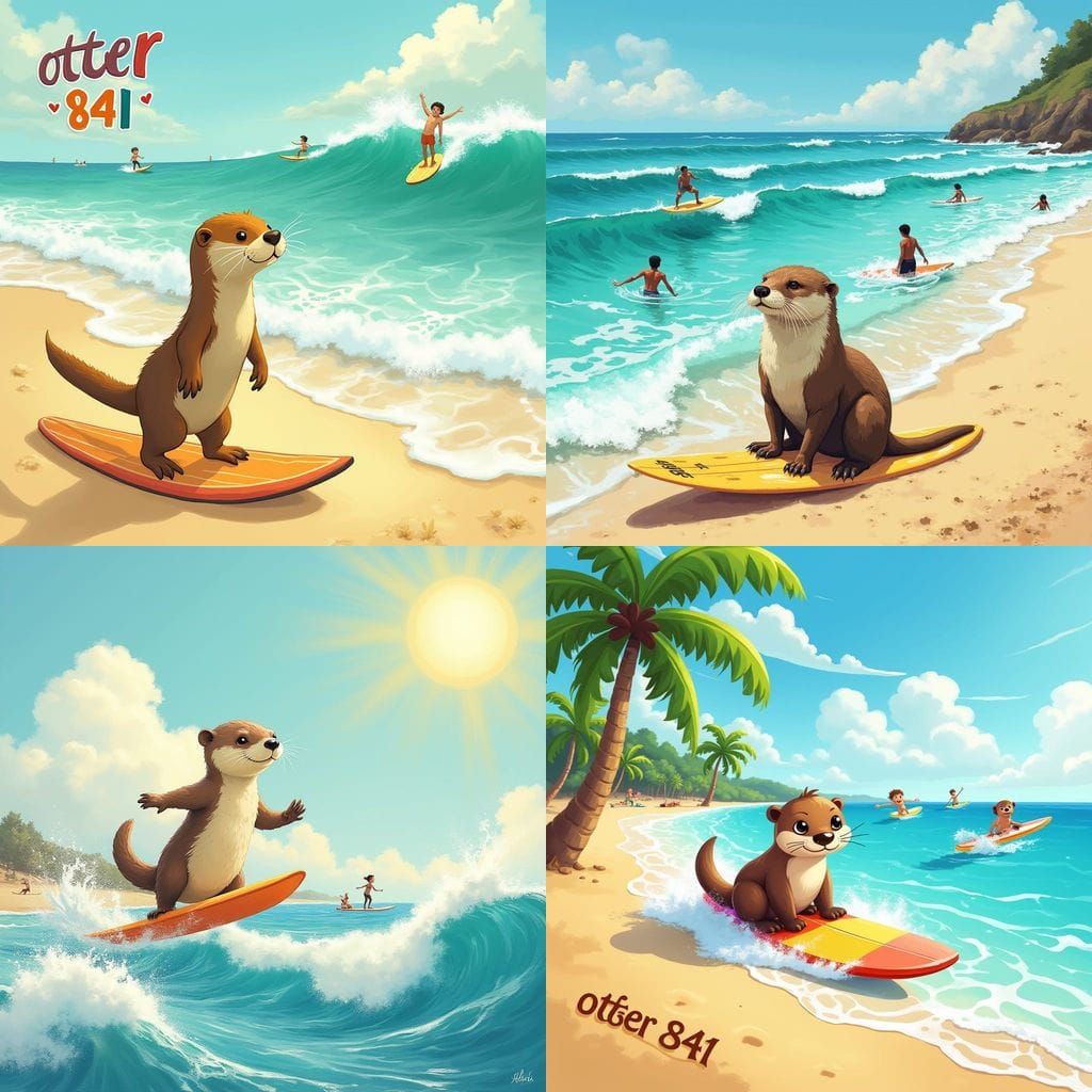 Otter Surfer Rides Waves on Sunny Beach in Vibrant Colors