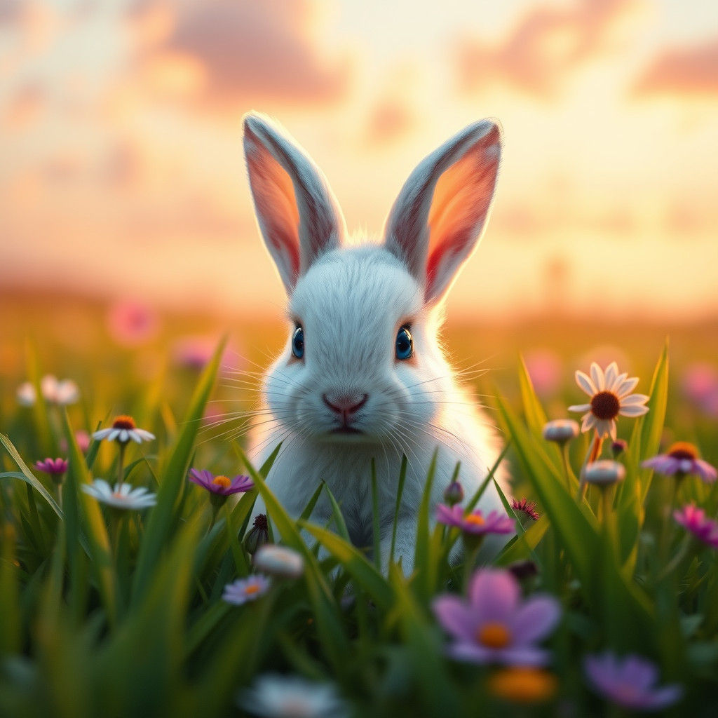 White Bunny in Dusk Meadow, Fantasy Concept Art