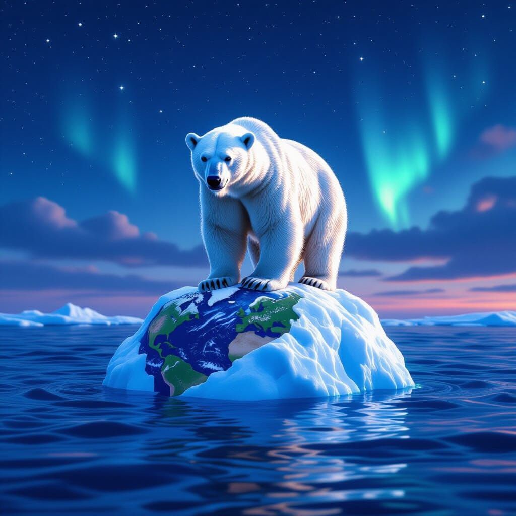 Polar Bear on Melting Earth: Hyperrealistic Twilight Scene