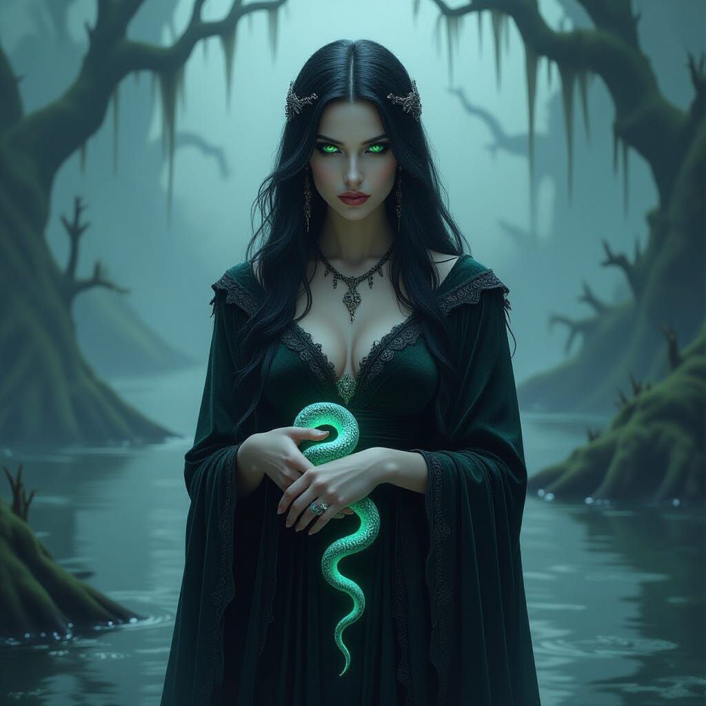 Sorceress in Mist-Shrouded Swamp with Spectral Snake