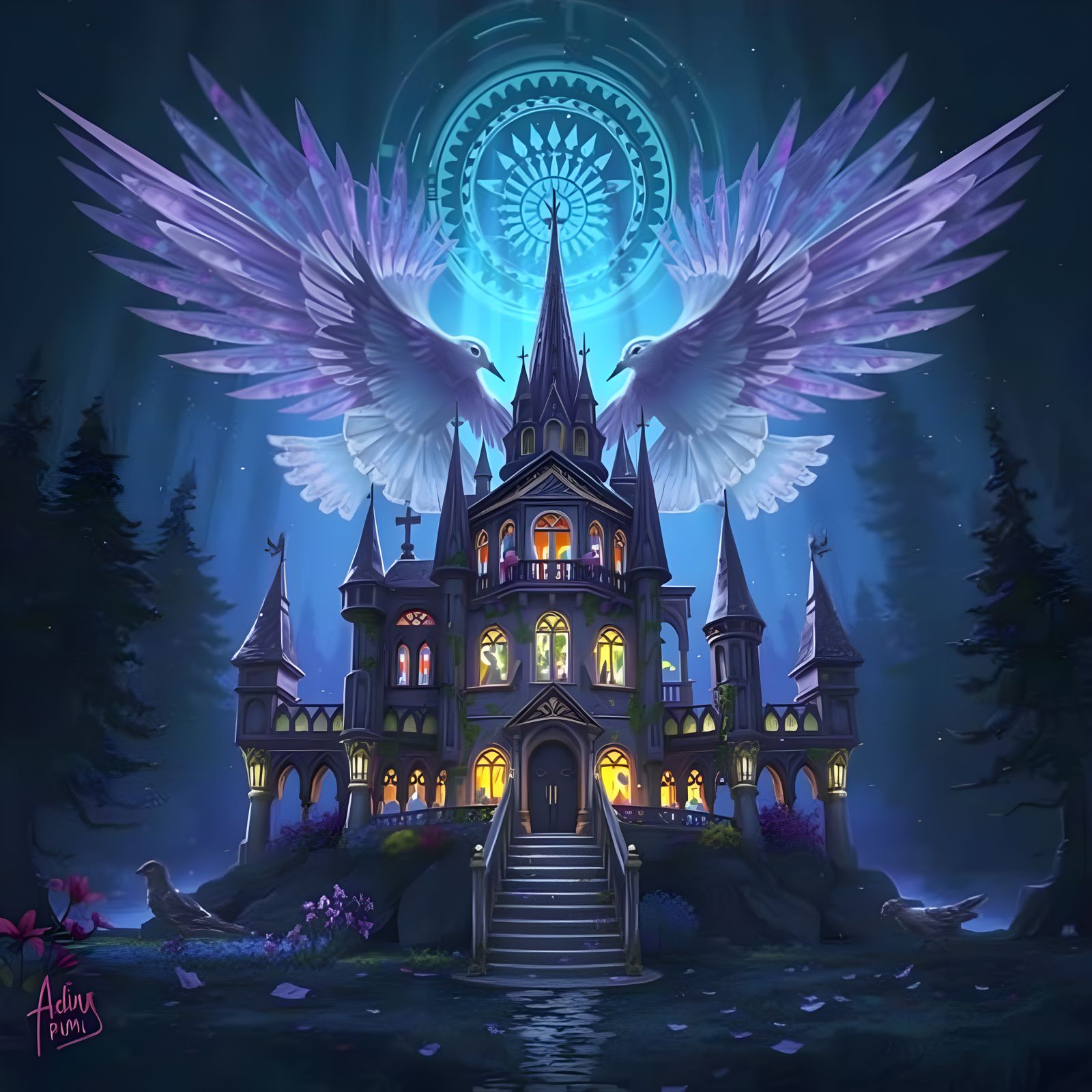 Magical Pigeon House in Hyperrealistic Splash Art Style