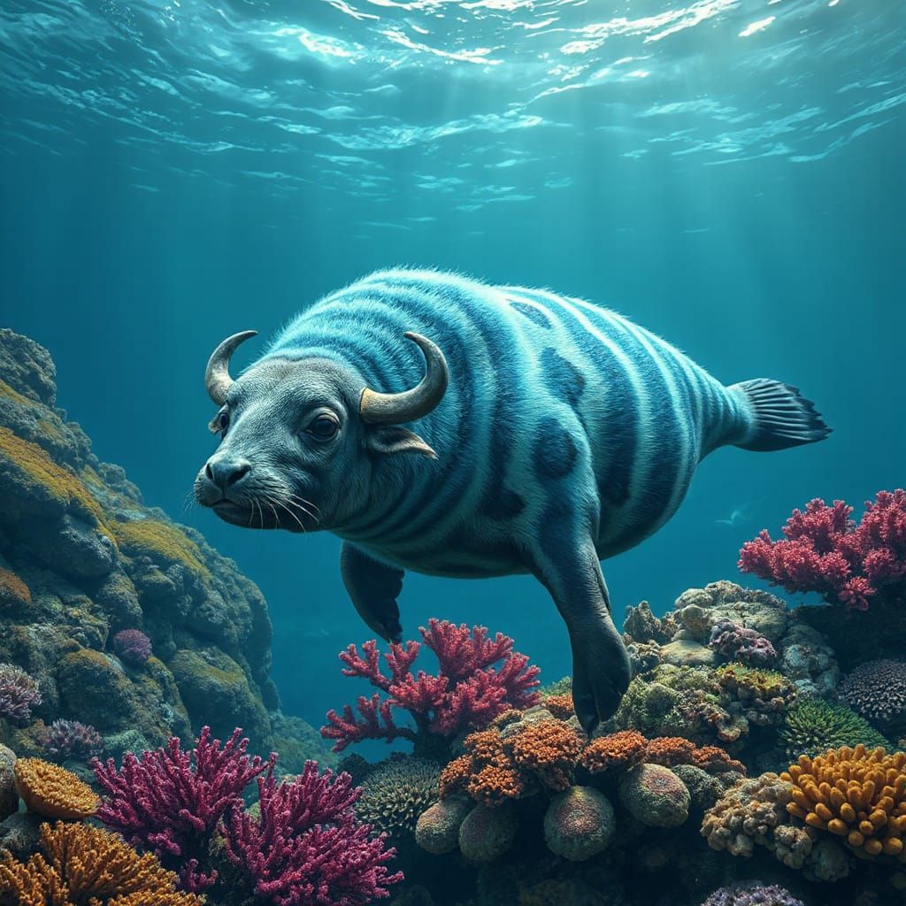 Hybrid Fur Seal Buffalo in Dreamlike Coral Reef
