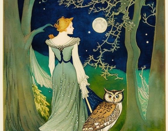 Night walk in the style of Marjorie Miller Estes in the style of  "Queen of the Night"....