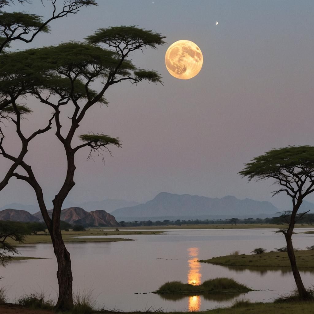 Moonlit Savannah with Acacia Trees and Lake