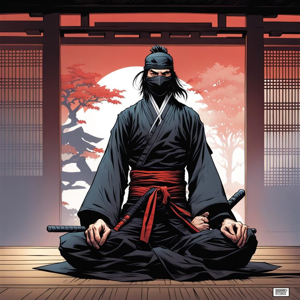 Ninja Meditating in Comic Book Art Style