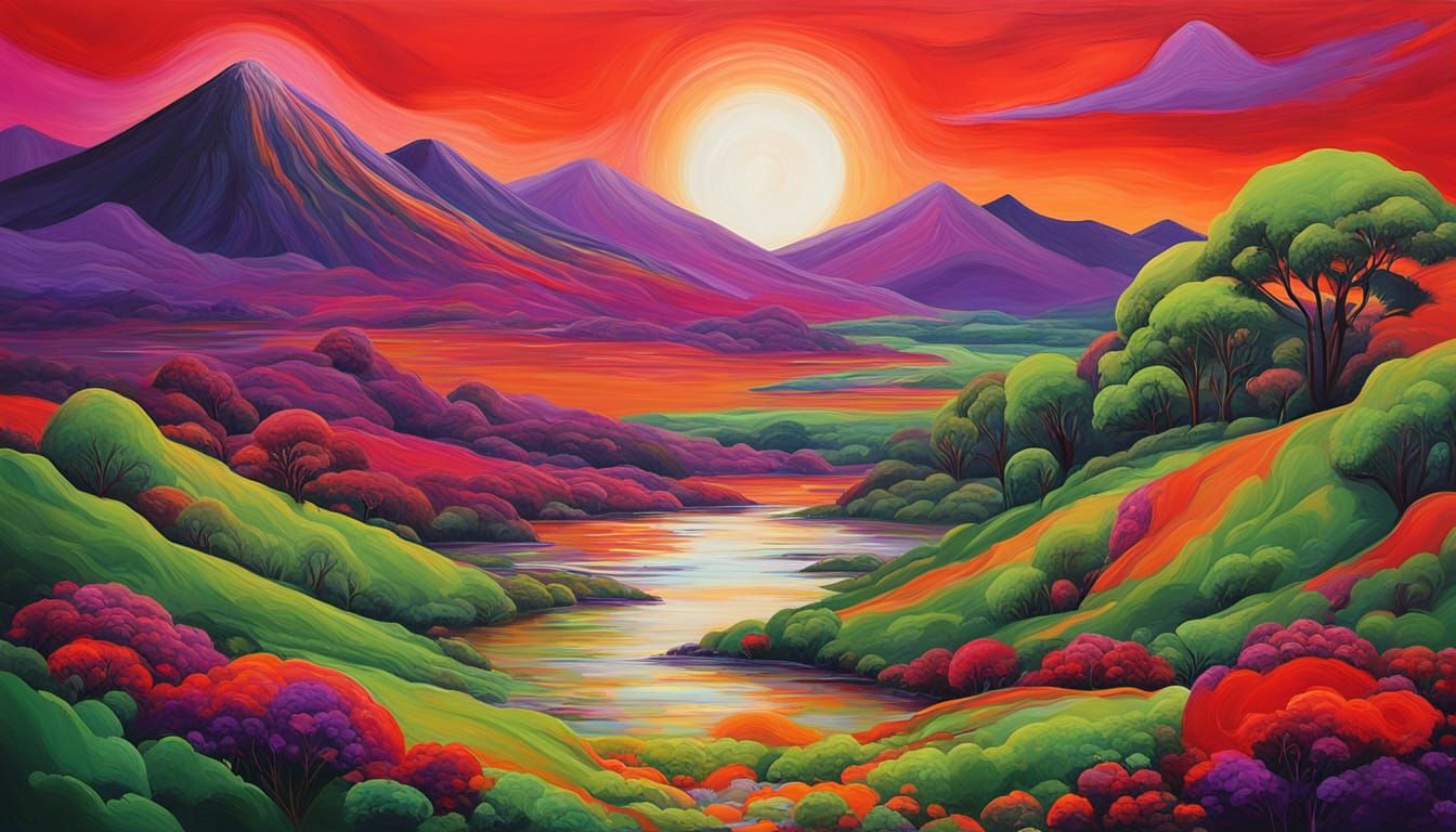 Abstract Surrealist Landscape Painting with Radical Colors