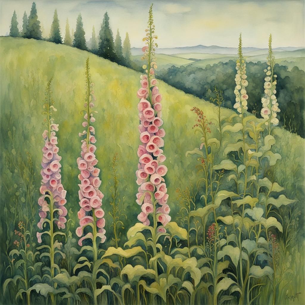 Foxgloves in Watercolor: A Surreal Klimt-Inspired Scene
