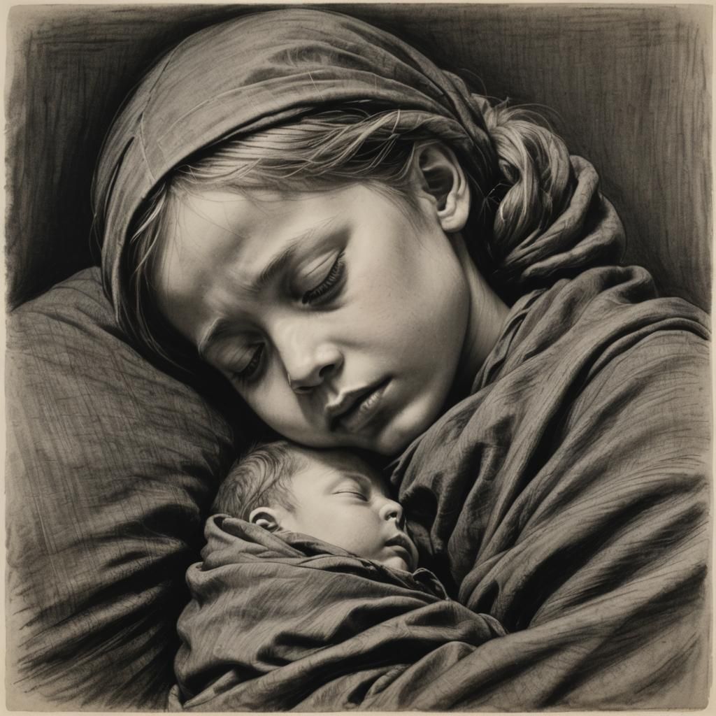 Child Sleeps Securely with Mother: Charcoal Drawing