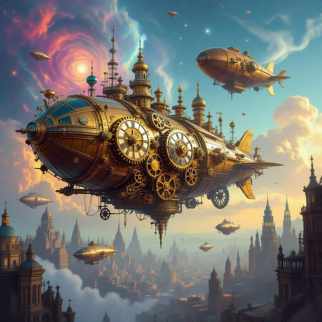 Steampunk City of Clockwork Gears in Vibrant Nebulae
