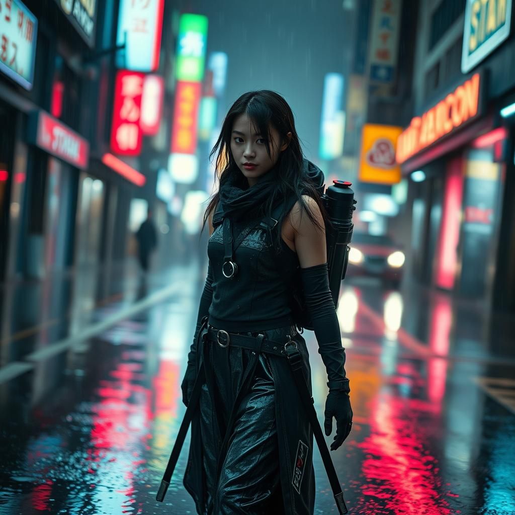 Cyberpunk Ninja in Rain-Soaked Cityscape